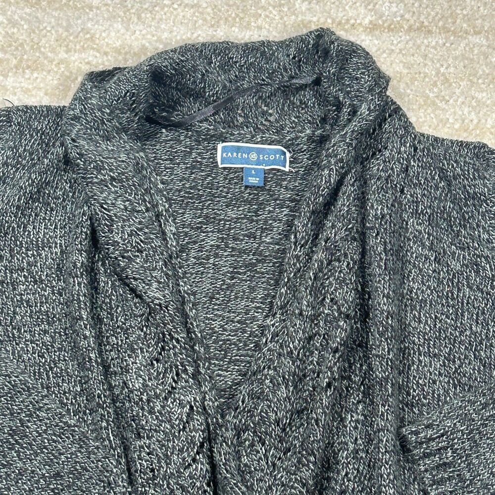 Karen Scott Cardigan Womens L Shawl Collar Open Front Knit Cozy Gray Cable Hem - Picture 2 of 9